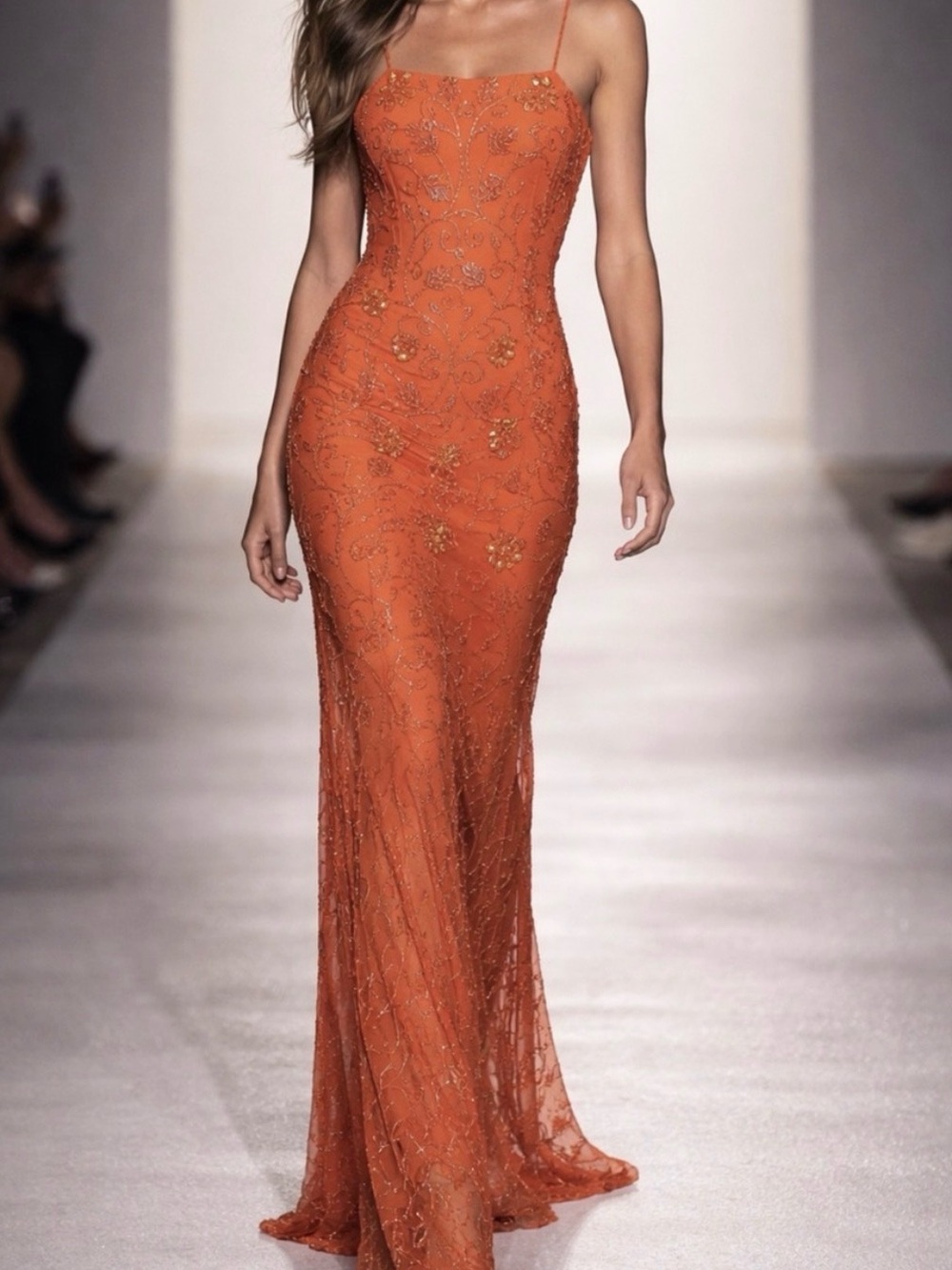 Vintage Luxury one of a kind Elegant Orange Beaded Long evening Gown